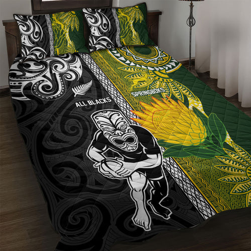 Rugby New Zealand and South Africa Quilt Bed Set Greatest Rivalry Silver Fern and Antelope