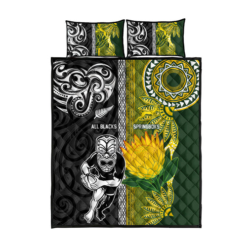 Rugby New Zealand and South Africa Quilt Bed Set Greatest Rivalry Silver Fern and Antelope