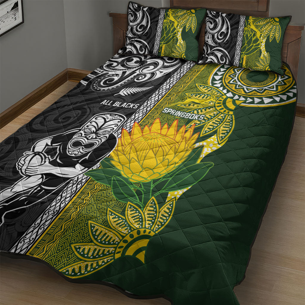 Rugby New Zealand and South Africa Quilt Bed Set Greatest Rivalry Silver Fern and Antelope