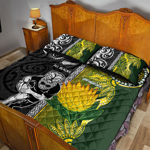 Rugby New Zealand and South Africa Quilt Bed Set Greatest Rivalry Silver Fern and Antelope