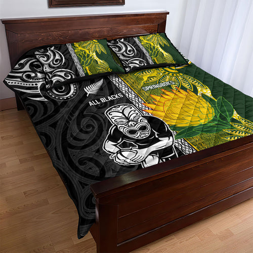 Rugby New Zealand and South Africa Quilt Bed Set Greatest Rivalry Silver Fern and Antelope