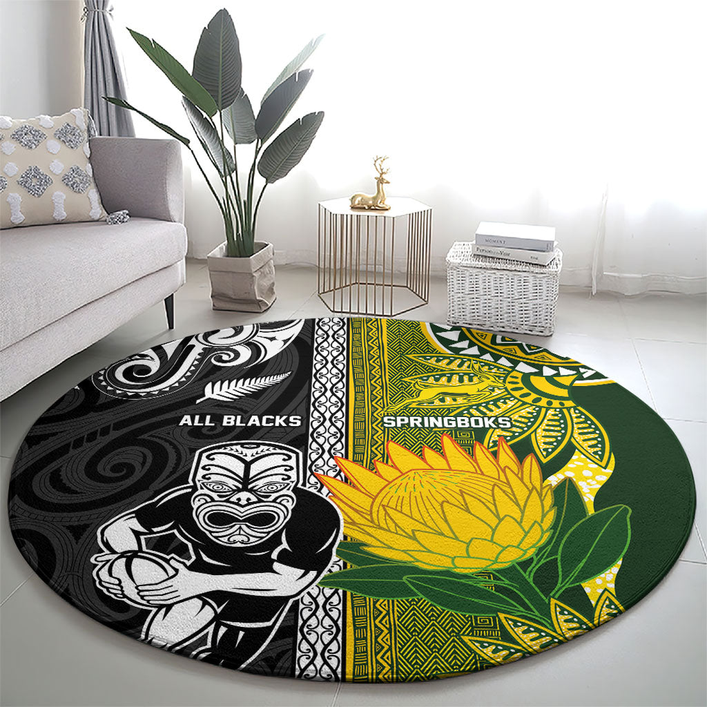 Rugby New Zealand and South Africa Round Carpet Greatest Rivalry Silver Fern and Antelope