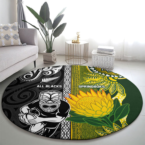 Rugby New Zealand and South Africa Round Carpet Greatest Rivalry Silver Fern and Antelope