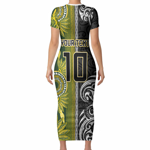 Custom Rugby New Zealand and South Africa Short Sleeve Bodycon Dress Greatest Rivalry Silver Fern and Antelope