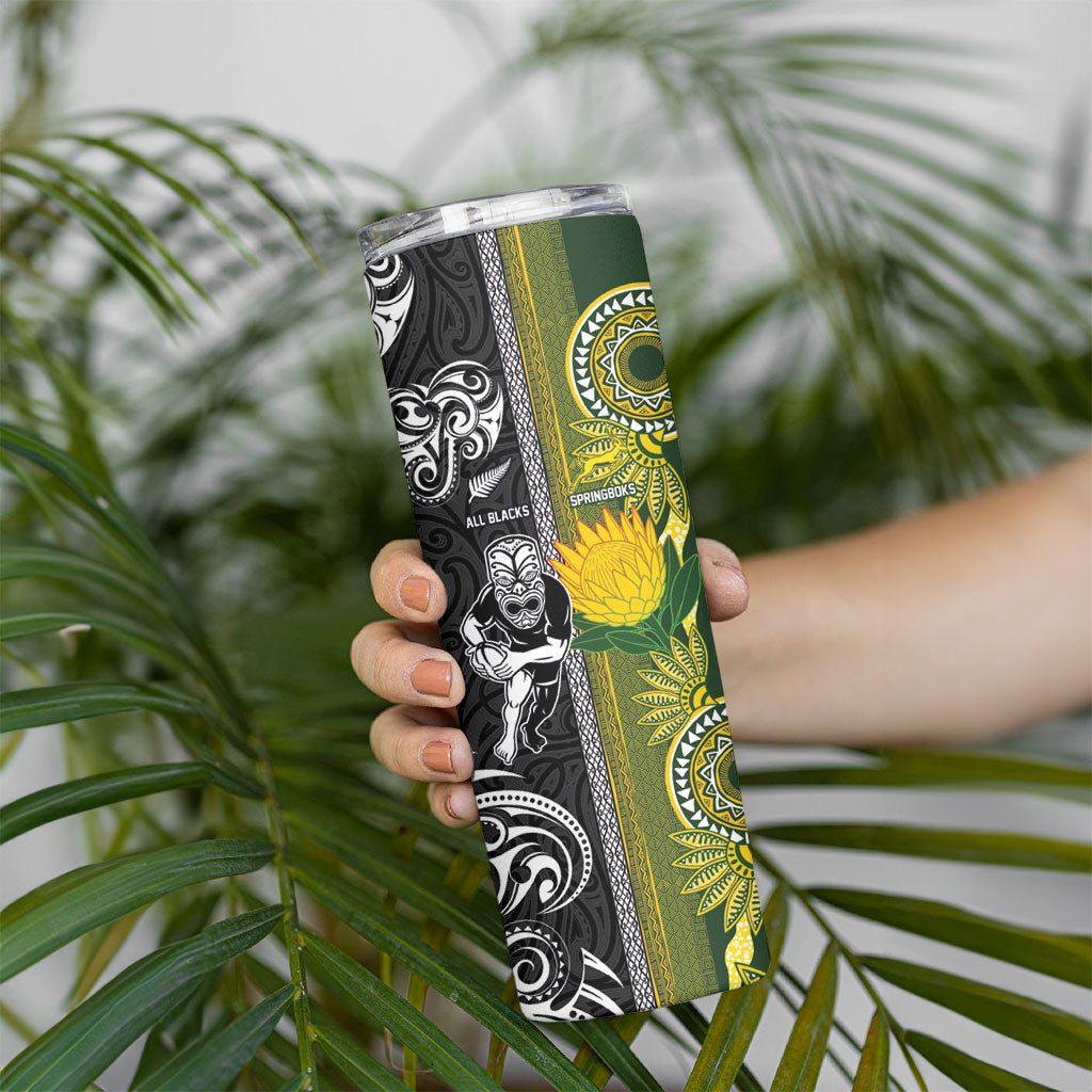 Custom Rugby New Zealand and South Africa Skinny Tumbler Greatest Rivalry Silver Fern and Antelope