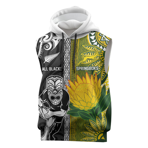 Custom Rugby New Zealand and South Africa Sleeveless Hoodie Greatest Rivalry Silver Fern and Antelope