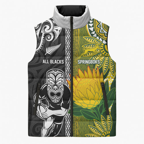 Custom Rugby New Zealand and South Africa Sleeveless Puffer Jacket Greatest Rivalry Silver Fern and Antelope