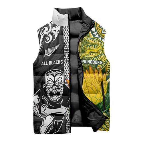 Custom Rugby New Zealand and South Africa Sleeveless Puffer Jacket Greatest Rivalry Silver Fern and Antelope