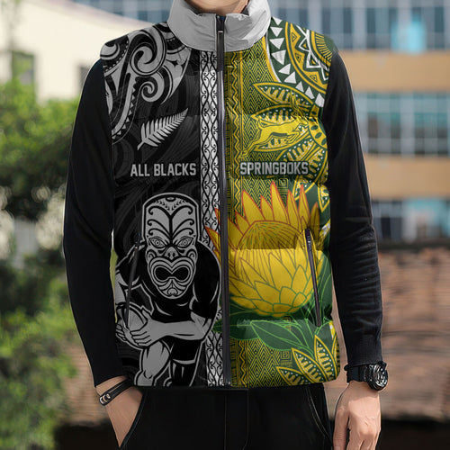 Custom Rugby New Zealand and South Africa Sleeveless Puffer Jacket Greatest Rivalry Silver Fern and Antelope