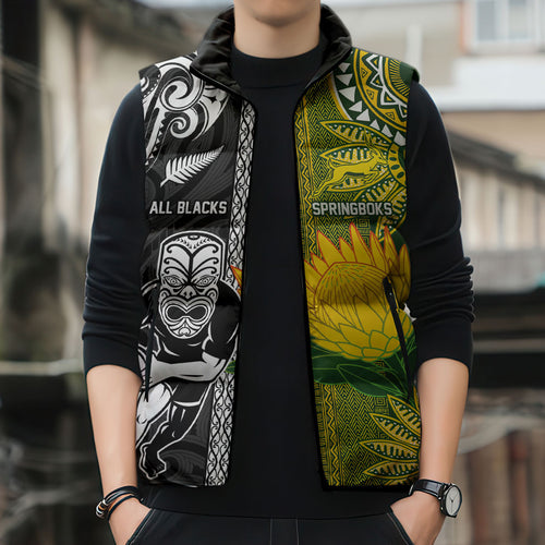 Custom Rugby New Zealand and South Africa Sleeveless Puffer Jacket Greatest Rivalry Silver Fern and Antelope
