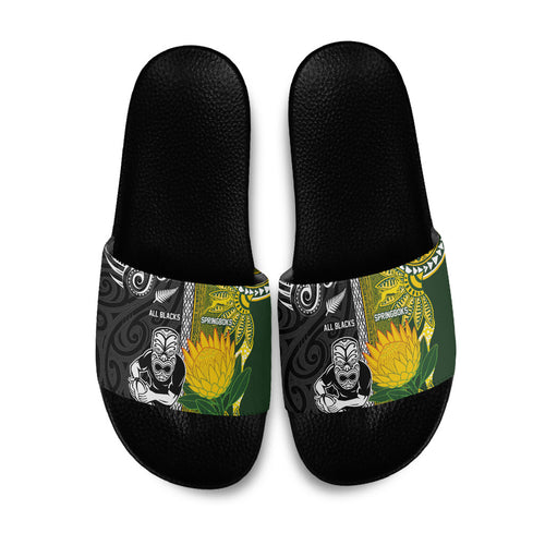 Rugby New Zealand and South Africa Slide Sandals Greatest Rivalry Silver Fern and Antelope
