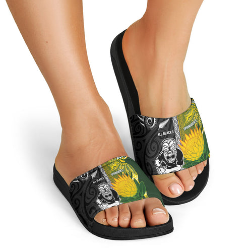 Rugby New Zealand and South Africa Slide Sandals Greatest Rivalry Silver Fern and Antelope