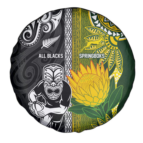 Rugby New Zealand and South Africa Spare Tire Cover Greatest Rivalry Silver Fern and Antelope