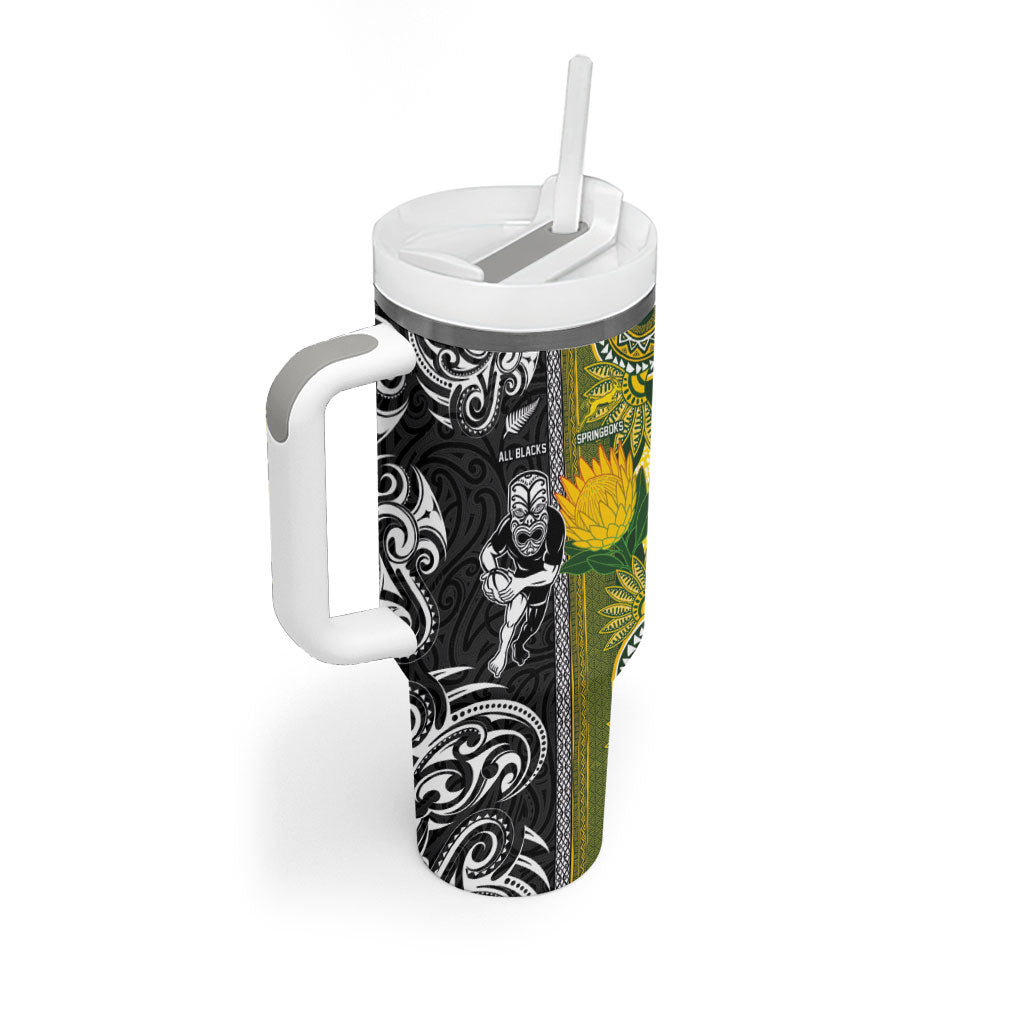 Custom Rugby New Zealand and South Africa Tumbler With Handle Greatest Rivalry Silver Fern and Antelope