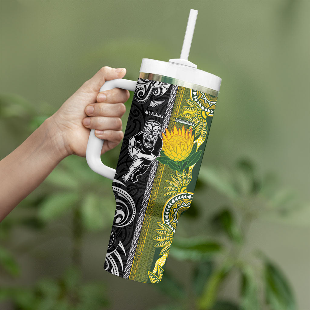 Custom Rugby New Zealand and South Africa Tumbler With Handle Greatest Rivalry Silver Fern and Antelope