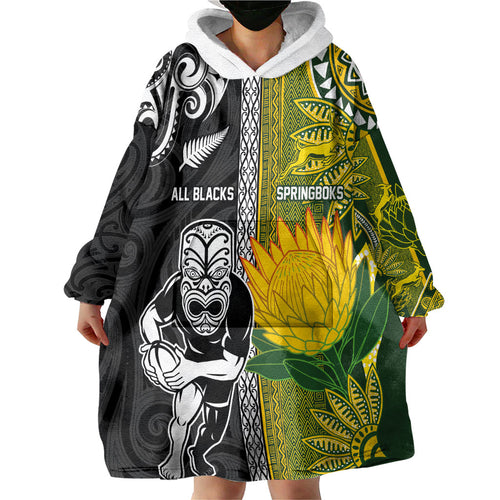 Custom Rugby New Zealand and South Africa Wearable Blanket Hoodie Greatest Rivalry Silver Fern and Antelope