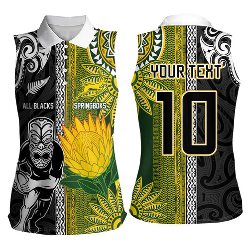 Custom Rugby New Zealand and South Africa Women Sleeveless Polo Shirt Greatest Rivalry Silver Fern and Antelope