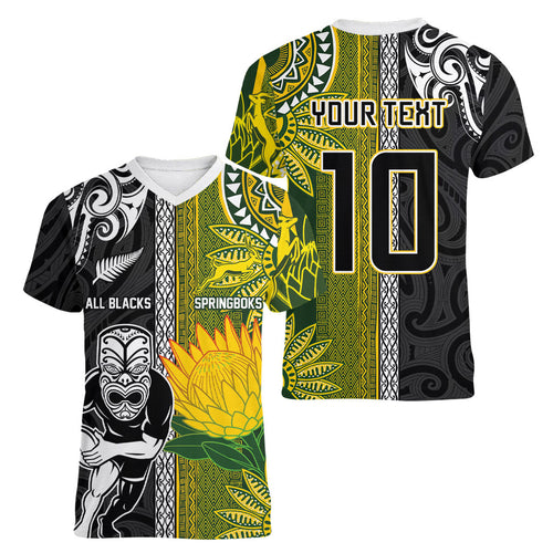 Custom Rugby New Zealand and South Africa Women V-Neck T-Shirt Greatest Rivalry Silver Fern and Antelope