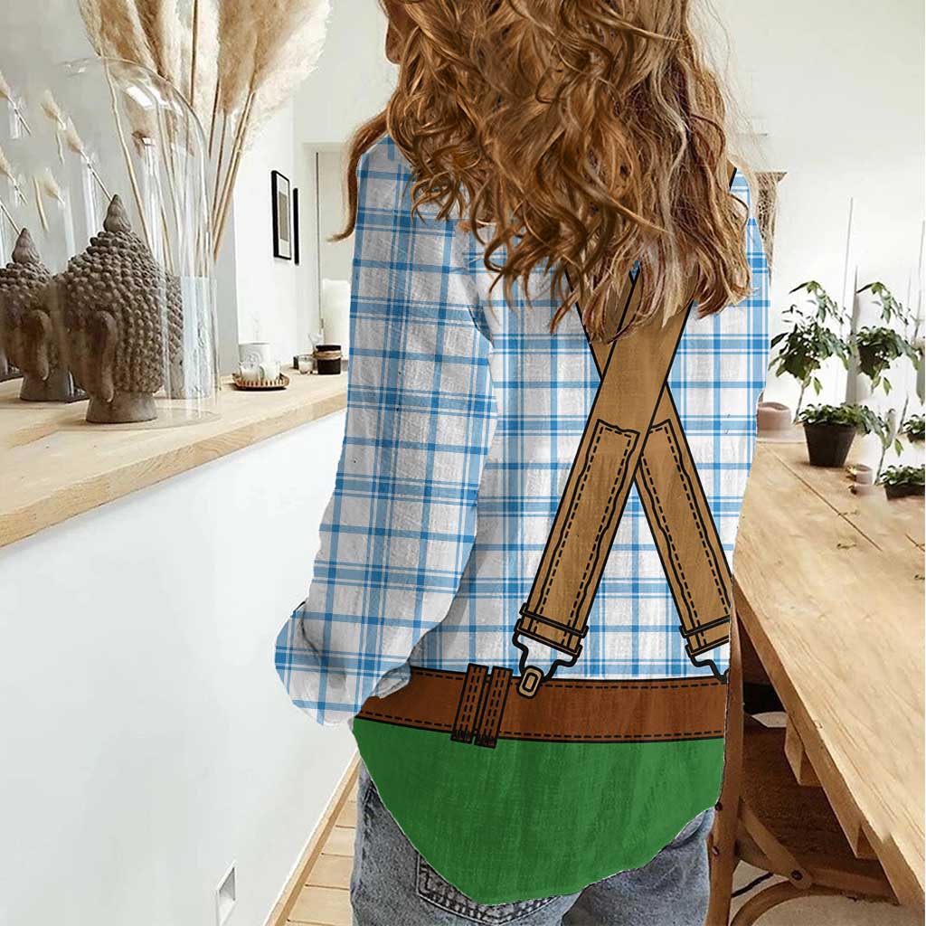 Bavarian Lederhosen Costume Style Women Casual Shirt Blue Caro Pattern - Aussie Hoodie