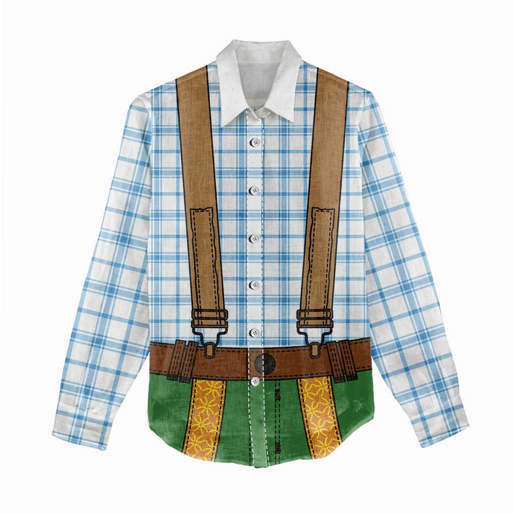 Bavarian Lederhosen Costume Style Women Casual Shirt Blue Caro Pattern - Aussie Hoodie