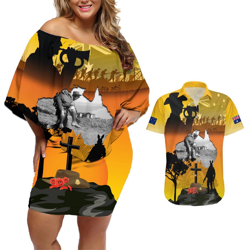Australia ANZAC Day Couples Matching Off Shoulder Short Dress and Hawaiian Shirt Gallipoli Lest We Forget