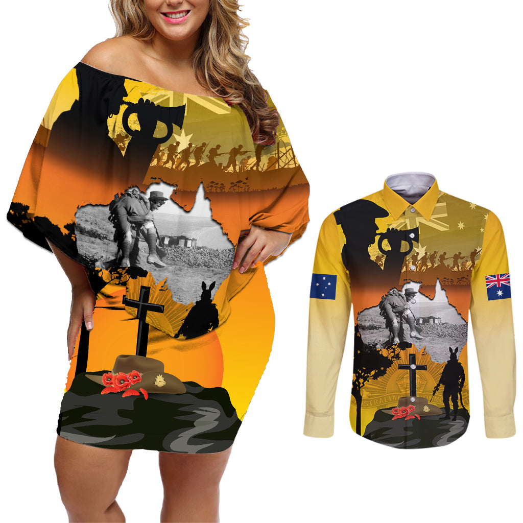 Australia ANZAC Day Couples Matching Off Shoulder Short Dress and Long Sleeve Button Shirt Gallipoli Lest We Forget