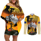 Australia ANZAC Day Couples Matching Off Shoulder Short Dress and Long Sleeve Button Shirt Gallipoli Lest We Forget