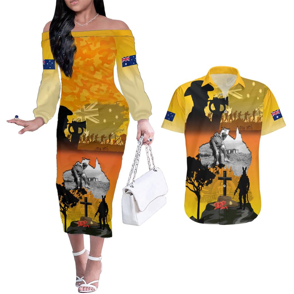 Australia ANZAC Day Couples Matching Off The Shoulder Long Sleeve Dress and Hawaiian Shirt Gallipoli Lest We Forget