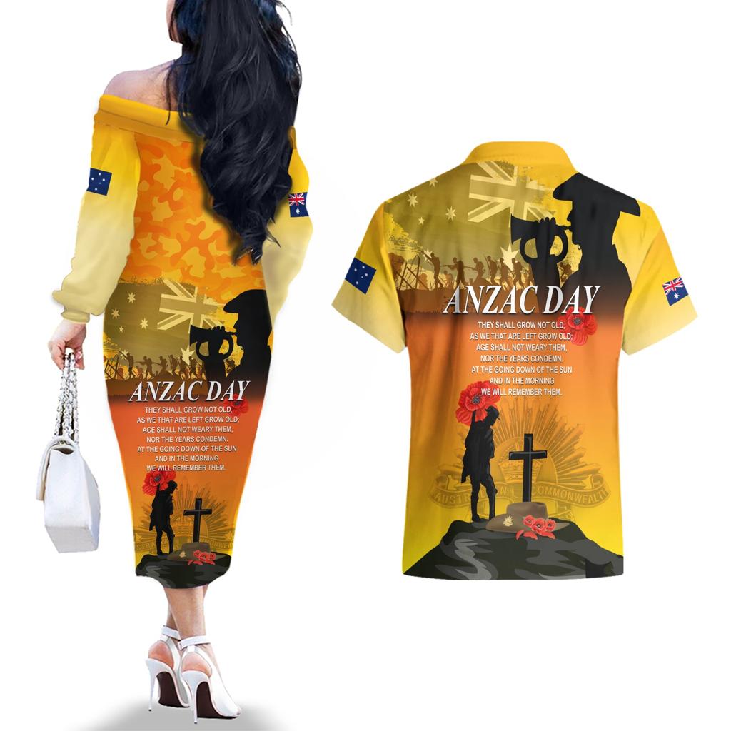 Australia ANZAC Day Couples Matching Off The Shoulder Long Sleeve Dress and Hawaiian Shirt Gallipoli Lest We Forget