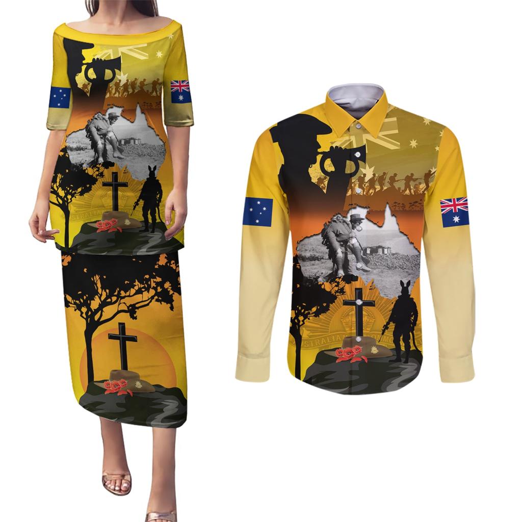 Australia ANZAC Day Couples Matching Puletasi and Long Sleeve Button Shirt Gallipoli Lest We Forget