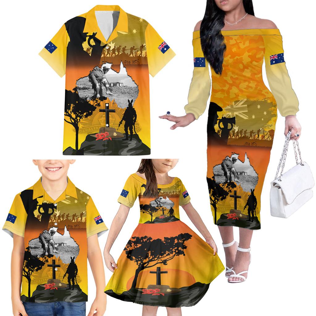 Australia ANZAC Day Family Matching Off Shoulder Long Sleeve Dress and Hawaiian Shirt Gallipoli Lest We Forget