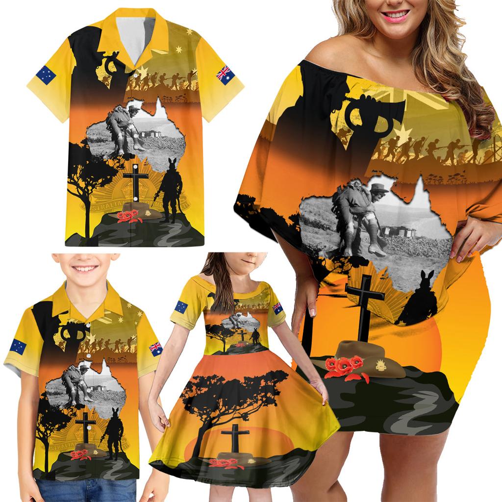 Australia ANZAC Day Family Matching Off Shoulder Short Dress and Hawaiian Shirt Gallipoli Lest We Forget