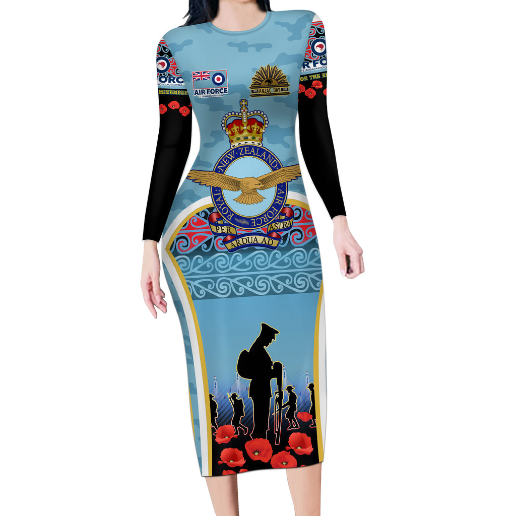 Royal New Zealand Air Force ANZAC Day Long Sleeve Bodycon Dress Te Tauaarangi o Aotearoa
