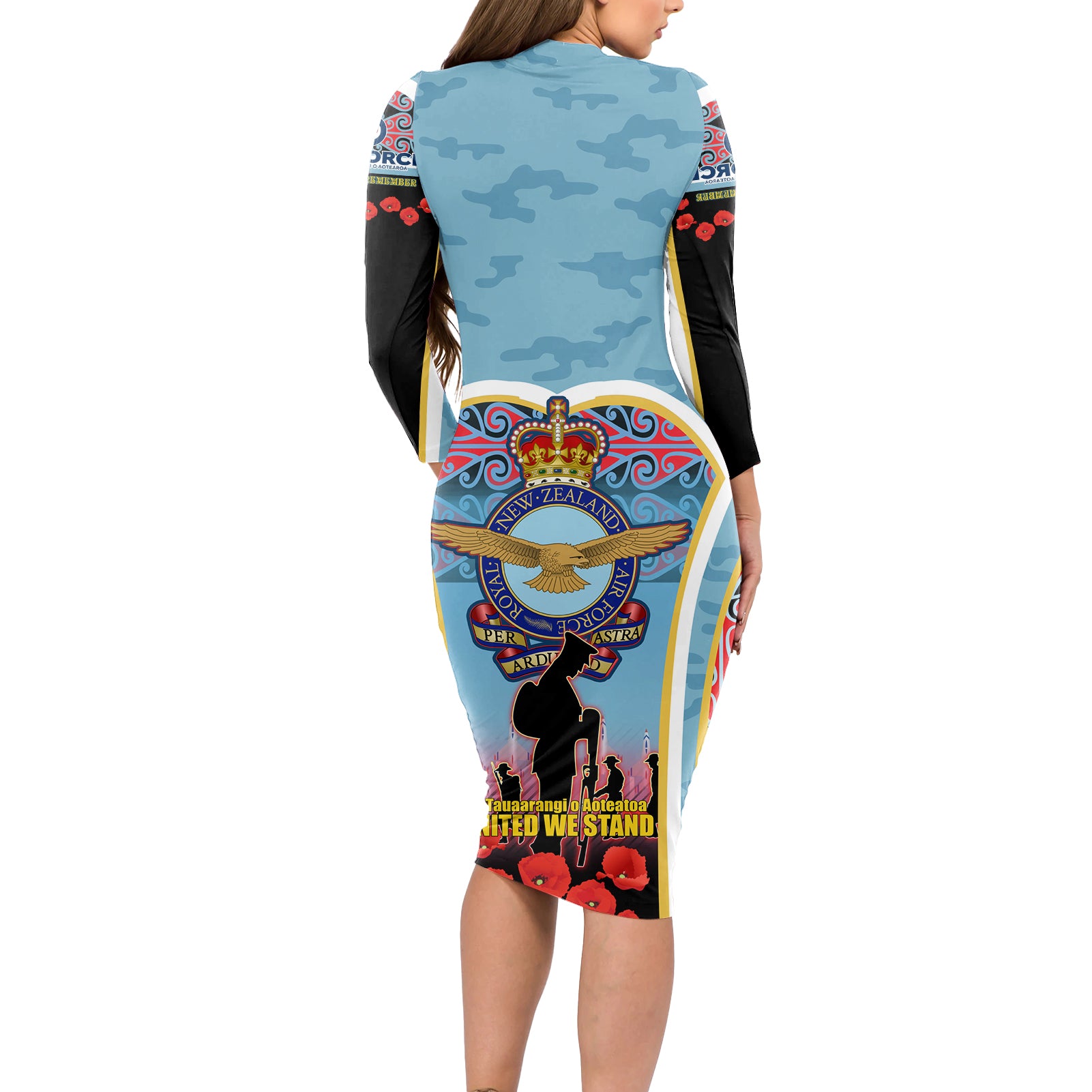 Royal New Zealand Air Force ANZAC Day Long Sleeve Bodycon Dress Te Tauaarangi o Aotearoa