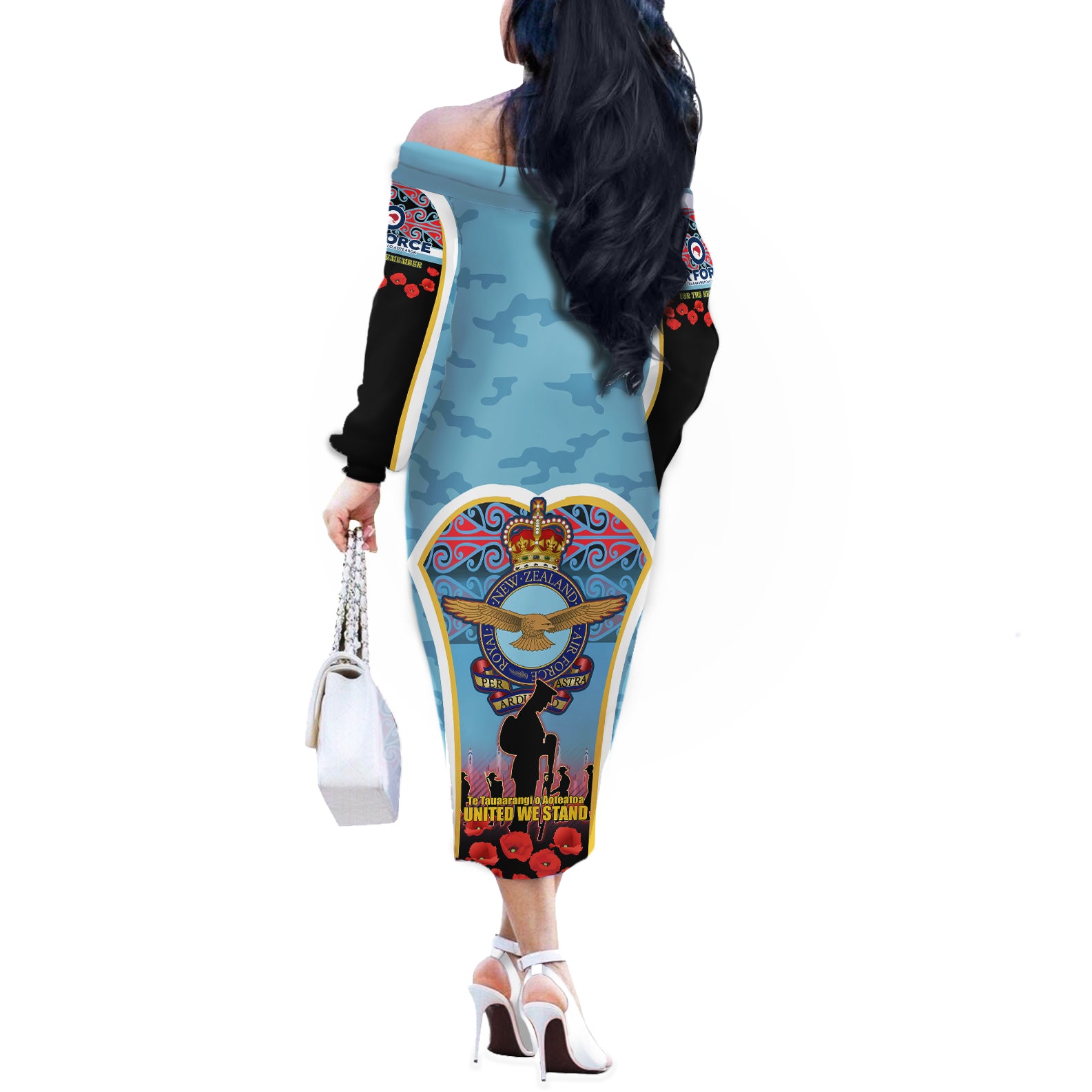 Royal New Zealand Air Force ANZAC Day Off The Shoulder Long Sleeve Dress Te Tauaarangi o Aotearoa