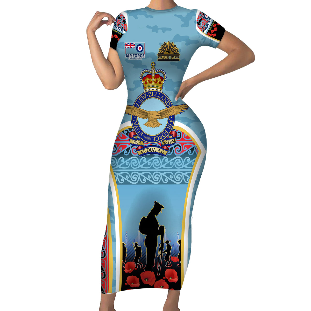 Royal New Zealand Air Force ANZAC Day Short Sleeve Bodycon Dress Te Tauaarangi o Aotearoa