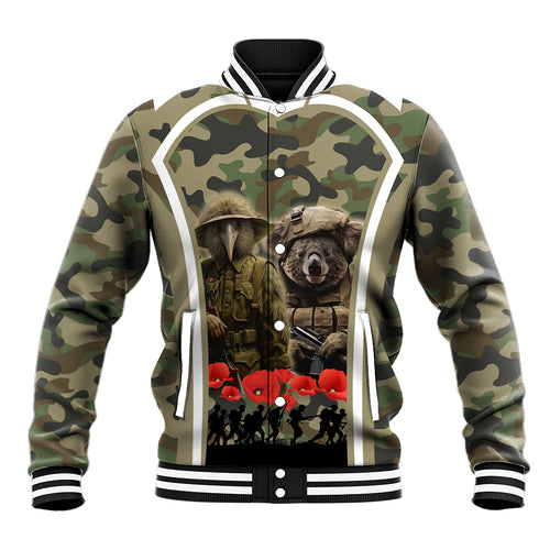 New Zealand and Australia ANZAC Day Baseball Jacket Koala and Kiwi Bird Soldier Gallipoli Camouflage Style