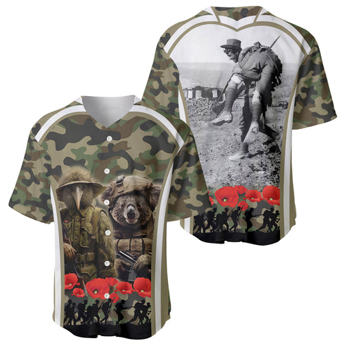 New Zealand and Australia ANZAC Day Baseball Jersey Koala and Kiwi Bird Soldier Gallipoli Camouflage Style