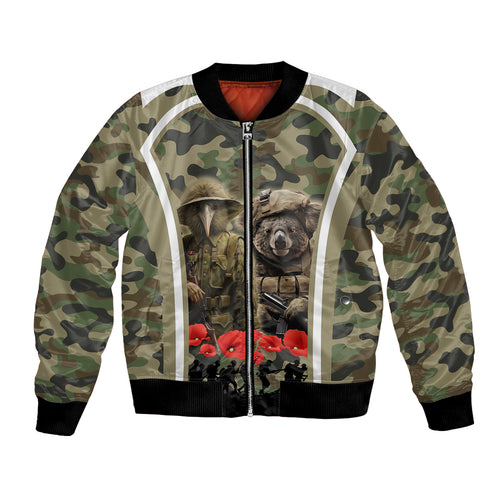 New Zealand and Australia ANZAC Day Bomber Jacket Koala and Kiwi Bird Soldier Gallipoli Camouflage Style