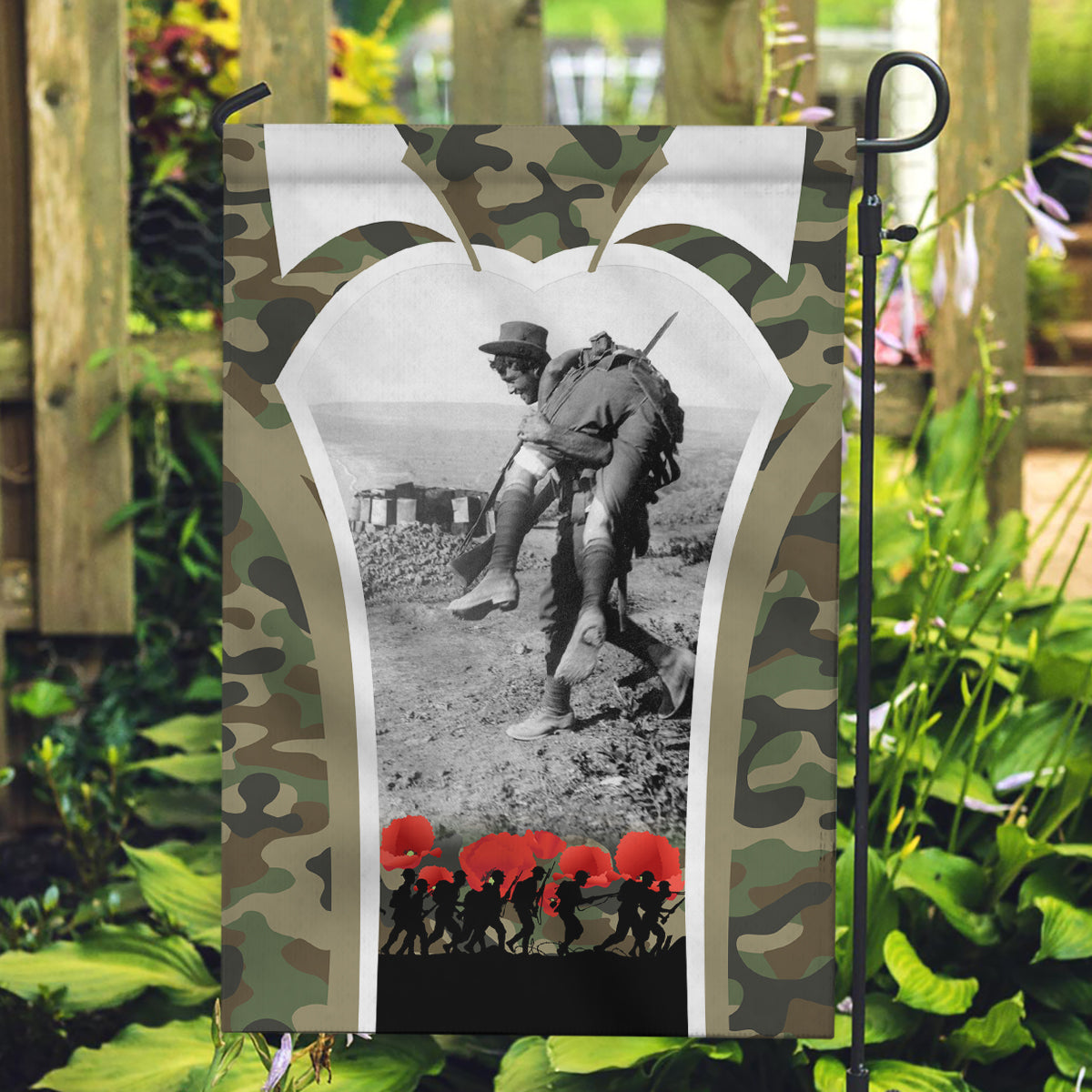 New Zealand and Australia ANZAC Day Garden Flag Koala and Kiwi Bird Soldier Gallipoli Camouflage Style