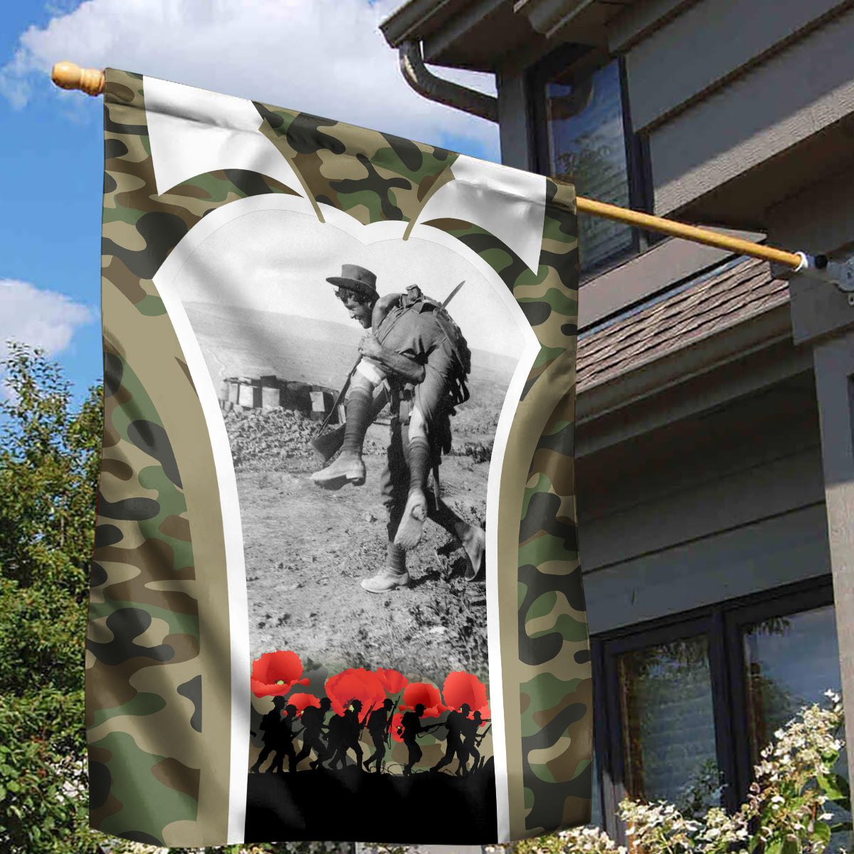 New Zealand and Australia ANZAC Day Garden Flag Koala and Kiwi Bird Soldier Gallipoli Camouflage Style
