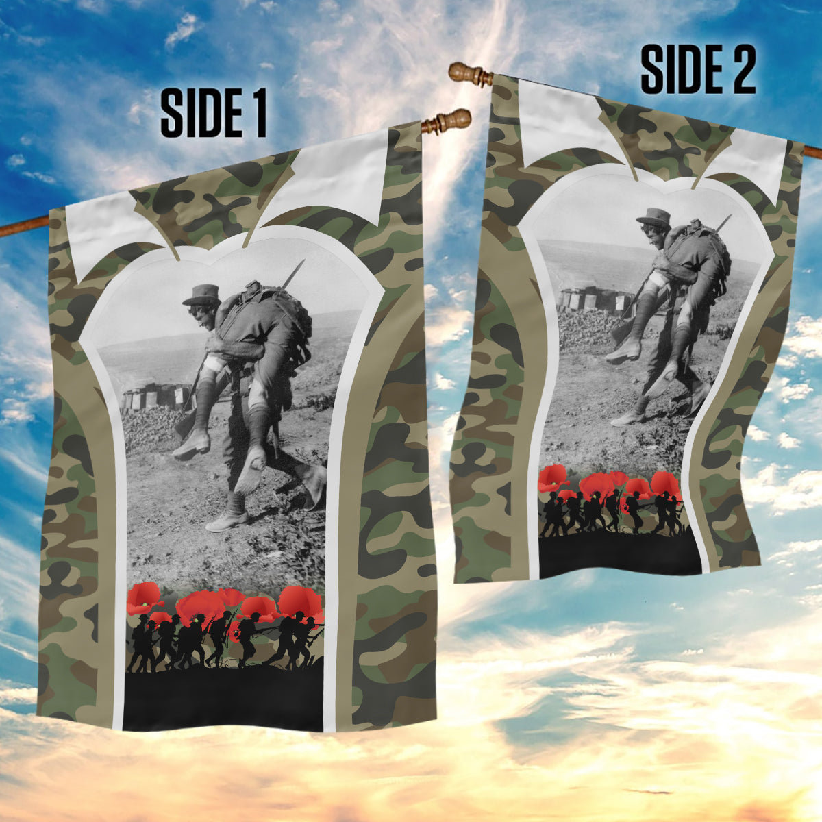 New Zealand and Australia ANZAC Day Garden Flag Koala and Kiwi Bird Soldier Gallipoli Camouflage Style