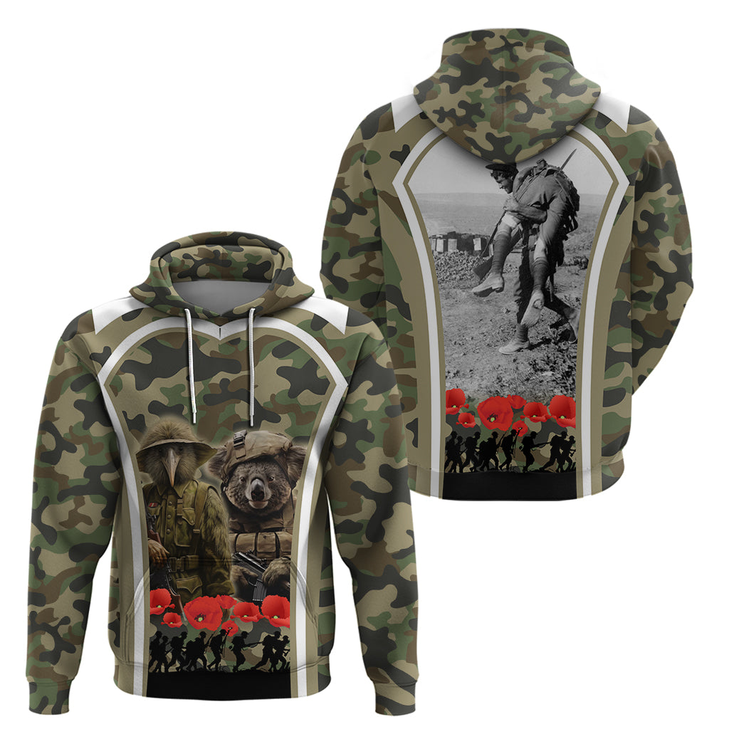 New Zealand and Australia ANZAC Day Hoodie Koala and Kiwi Bird Soldier Gallipoli Camouflage Style