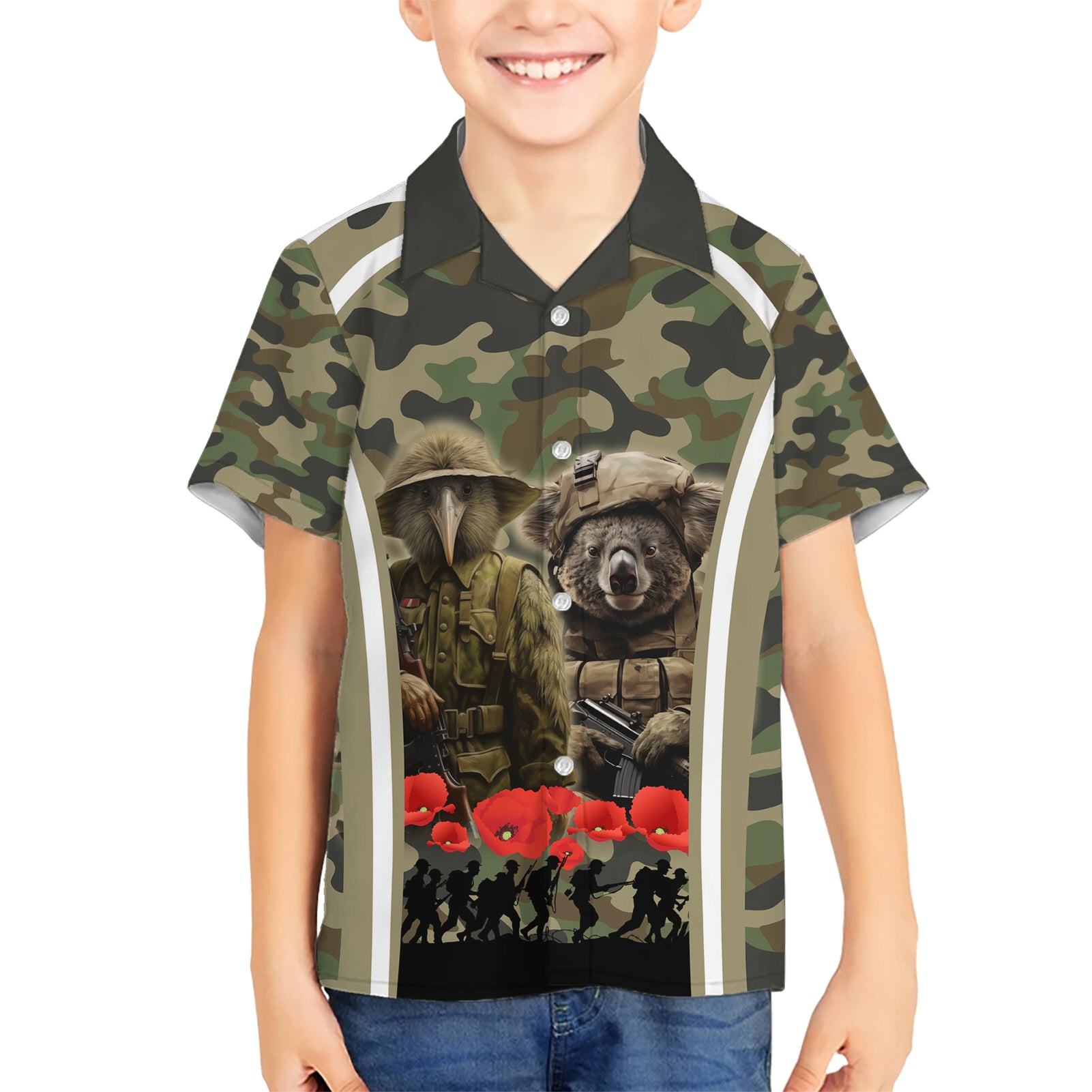 New Zealand and Australia ANZAC Day Kid Hawaiian Shirt Koala and Kiwi Bird Soldier Gallipoli Camouflage Style