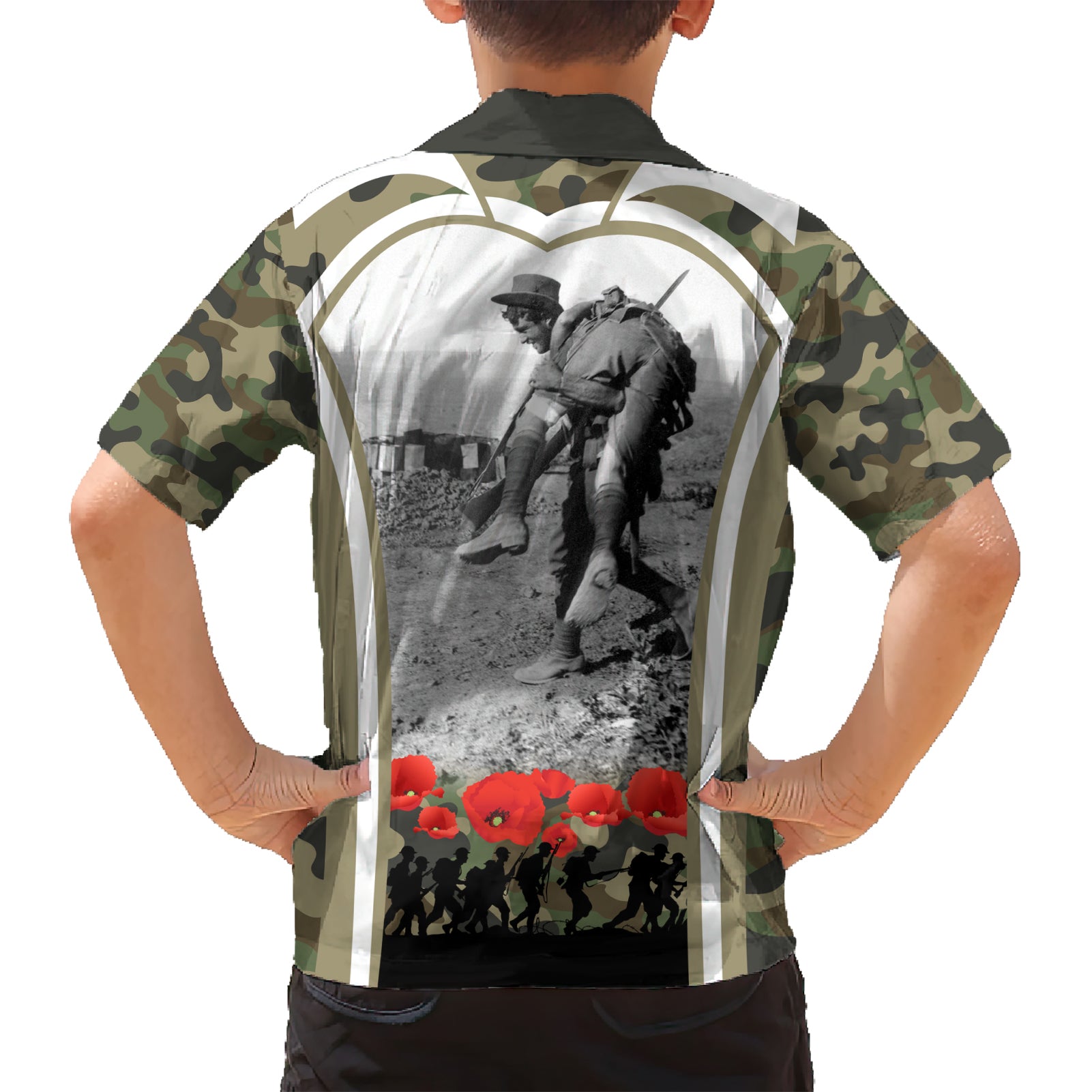 New Zealand and Australia ANZAC Day Kid Hawaiian Shirt Koala and Kiwi Bird Soldier Gallipoli Camouflage Style