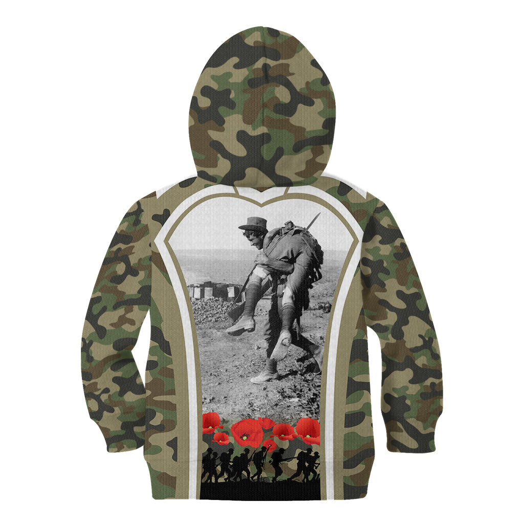 New Zealand and Australia ANZAC Day Kid Hoodie Koala and Kiwi Bird Soldier Gallipoli Camouflage Style