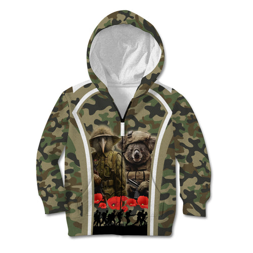 New Zealand and Australia ANZAC Day Kid Hoodie Koala and Kiwi Bird Soldier Gallipoli Camouflage Style