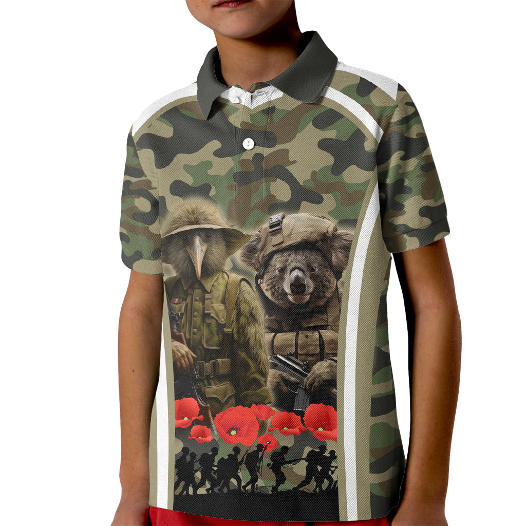 New Zealand and Australia ANZAC Day Kid Polo Shirt Koala and Kiwi Bird Soldier Gallipoli Camouflage Style