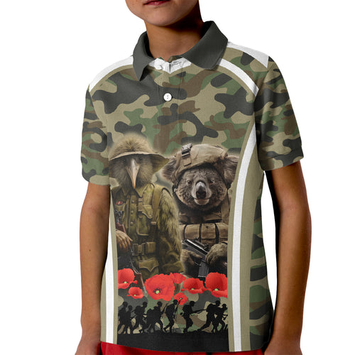 New Zealand and Australia ANZAC Day Kid Polo Shirt Koala and Kiwi Bird Soldier Gallipoli Camouflage Style