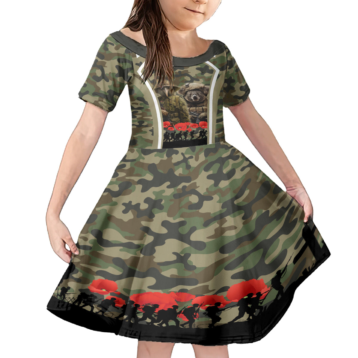 New Zealand and Australia ANZAC Day Kid Short Sleeve Dress Koala and Kiwi Bird Soldier Gallipoli Camouflage Style